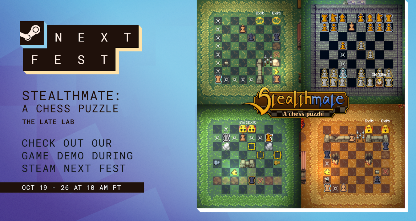 Stealthmate by The Late Lab — Steam Next Fest October 19–26, with four gameplay boards